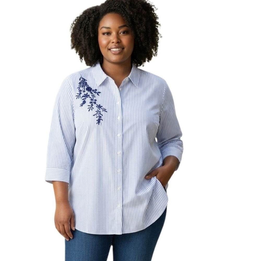 Woman Within Striped Cotton‎ Embroidered Floral Womens Plus Size 3X Casual Top